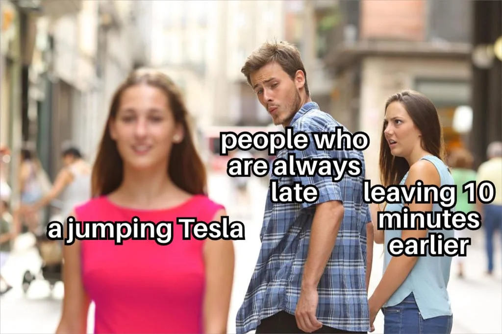 Tesla Roadster Flip — Distracted boyfriend meme about late people choosing a jumping Tesla over leaving earlier