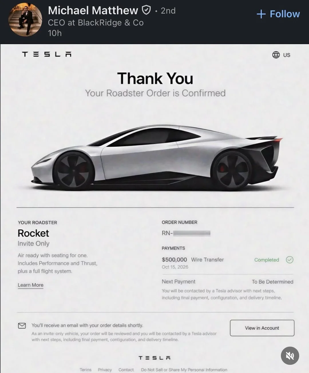 Tesla Roadster Flip — LinkedIn post showing confirmed Tesla Roadster Rocket order for 500000 dollars