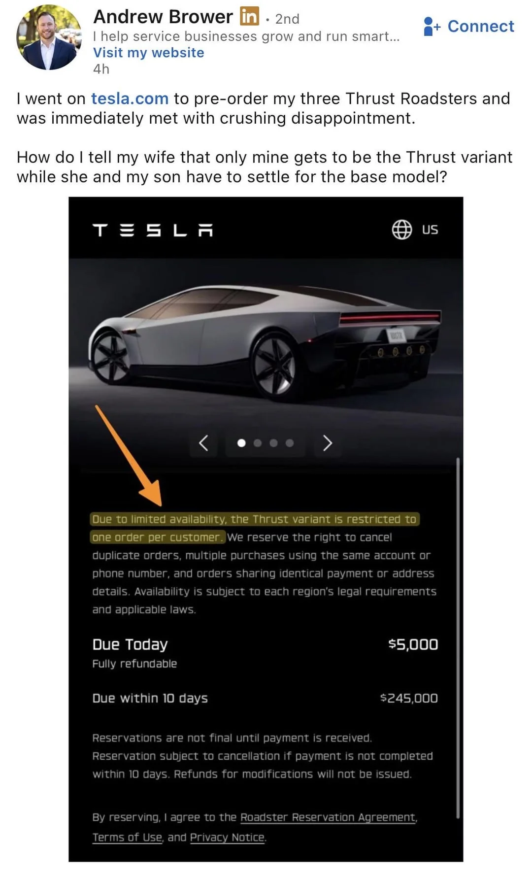 Tesla Roadster Flip — LinkedIn post joking about Tesla Thrust Roadster being limited to one per customer