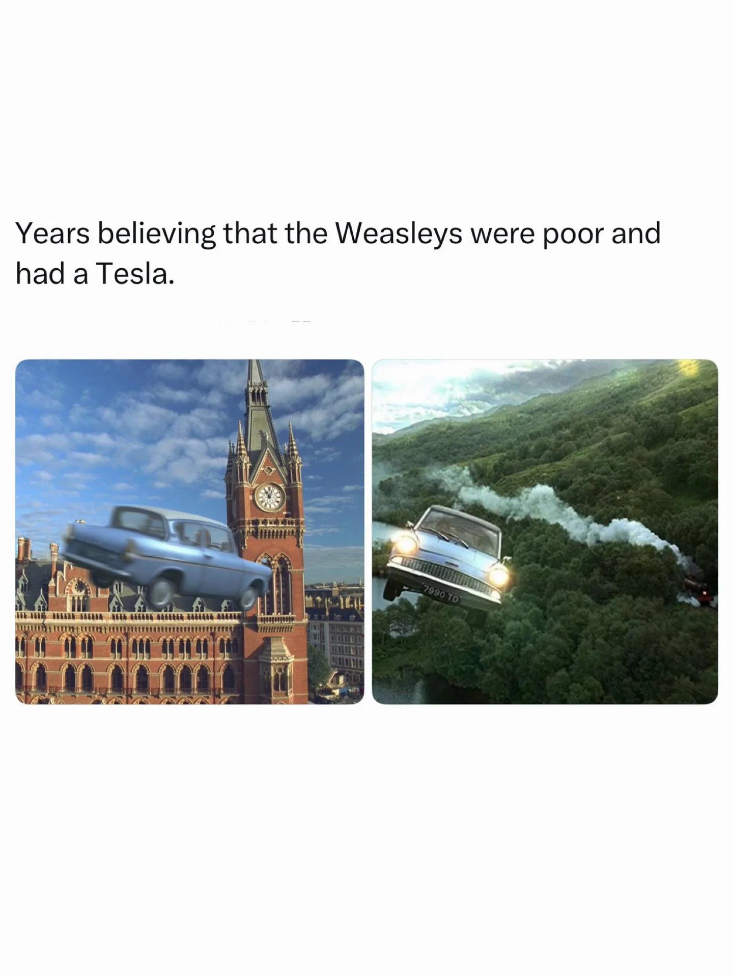 Tesla Roadster Flip — Tweet joking that the Weasleys from Harry Potter had a flying Tesla