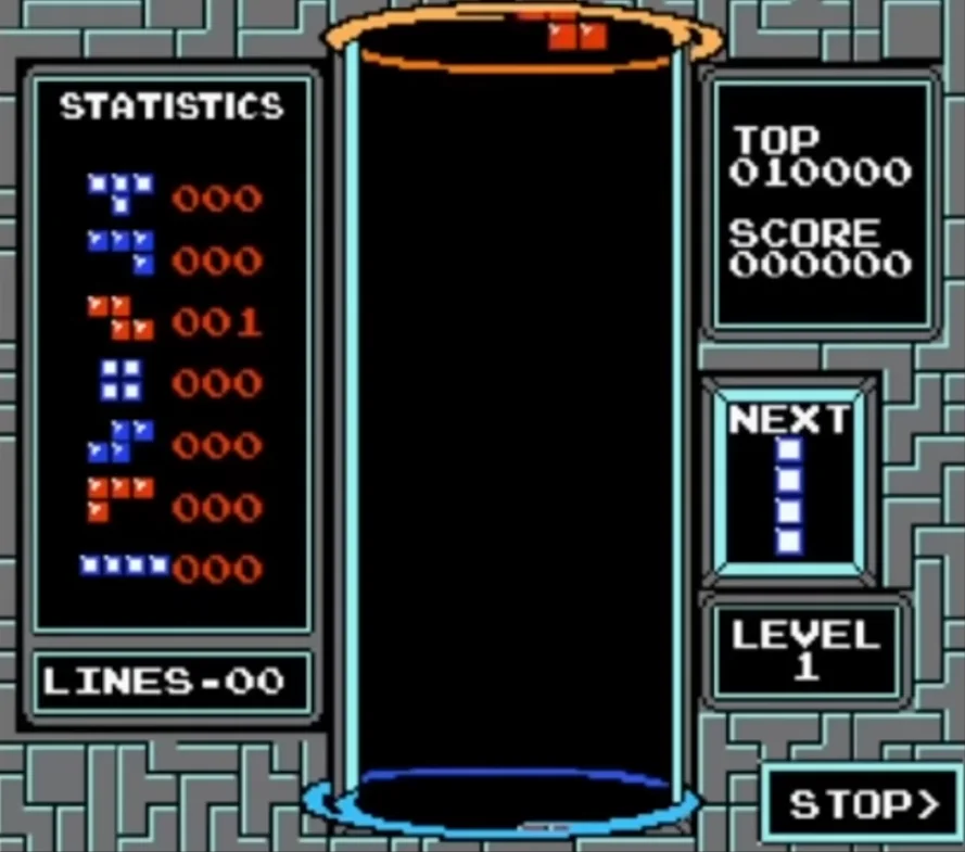 Nintendo NES Tetris screenshot showing statistics panel and empty playfield