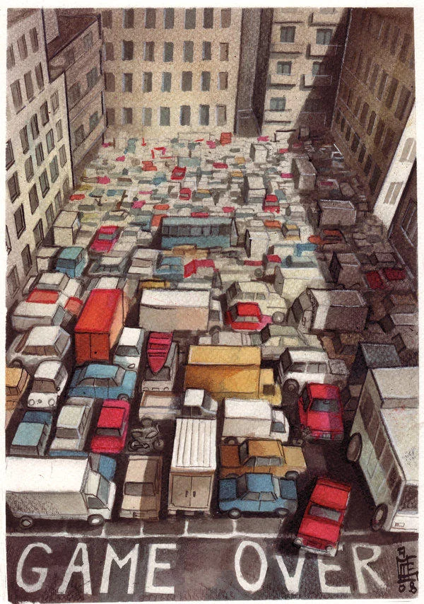 Watercolor drawing of a street jammed with vehicles like Tetris pieces with 'Game Over' text