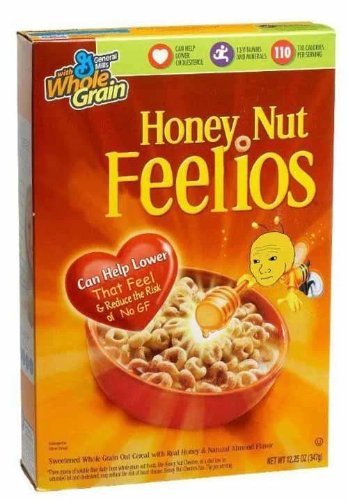 >tfw no gf — Parody cereal box labeled 'Honey Nut Feelios' with Wojak-faced bee mascot