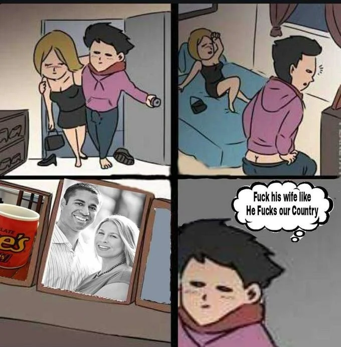 Thai Political Crisis Breakup — Comic remix with a photo of Ajit Pai and his wife and a thought bubble reading 'Fuck his wife like He Fucks our Country'.