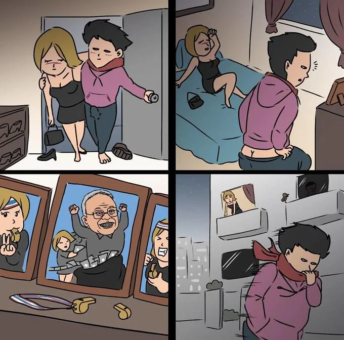 Thai Political Crisis Breakup — Four-panel comic showing a couple's breakup with Thai political figures pictured in the third panel and the heartbroken man