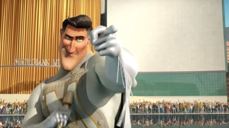 Thank You, Random Citizen — Metro Man from Megamind pointing at the viewer while holding a microphone in front of a cheering crowd