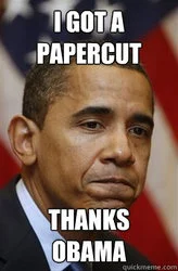 Obama portrait on red background about papercut with 'THANKS OBAMA.'