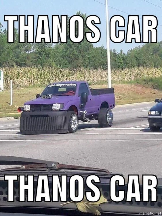 Thanos car with white impact font 'THANOS CAR' text at top and bottom.