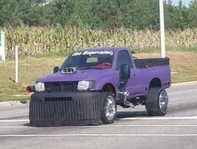 Professional side angle photograph of purple Thanos car with grille and foliage.
