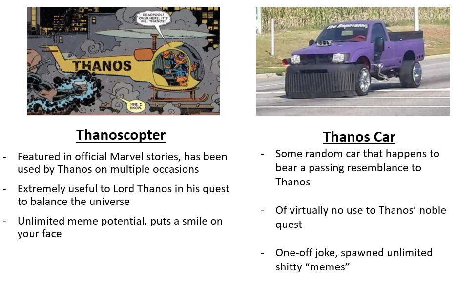 Reference chart comparing Thanoscopter versus Thanos car meme vehicles.