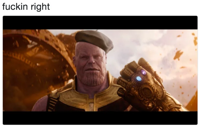 Thanos Edits — Reply post reading 'fuckin right' above the image of Thanos with a small green beret