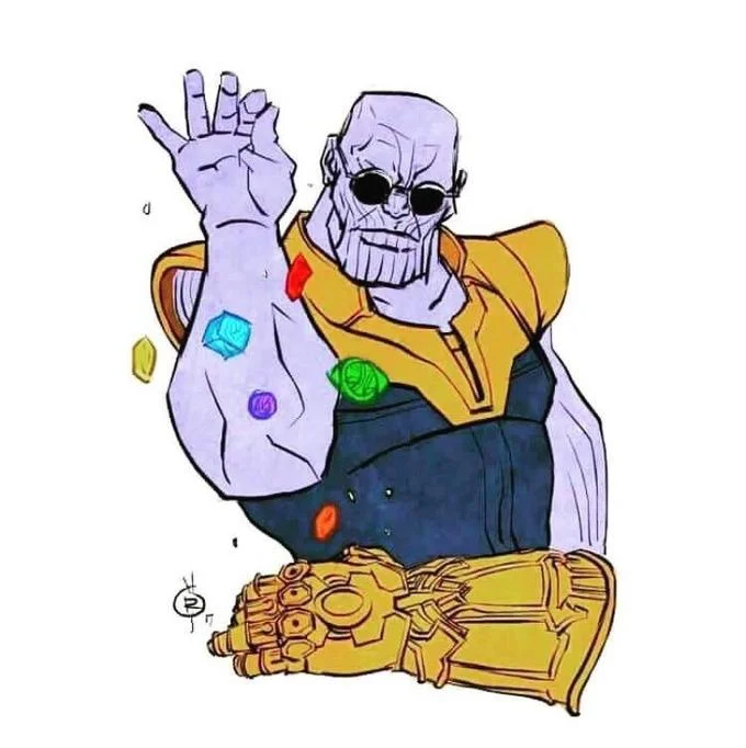 Thanos Edits — Comic-style illustration of Thanos wearing sunglasses and holding Infinity Stones