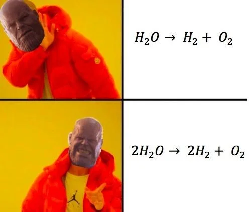 Thanos Perfectly Balanced — Drake format with Thanos rejecting unbalanced equation and approving balanced chemistry equation.