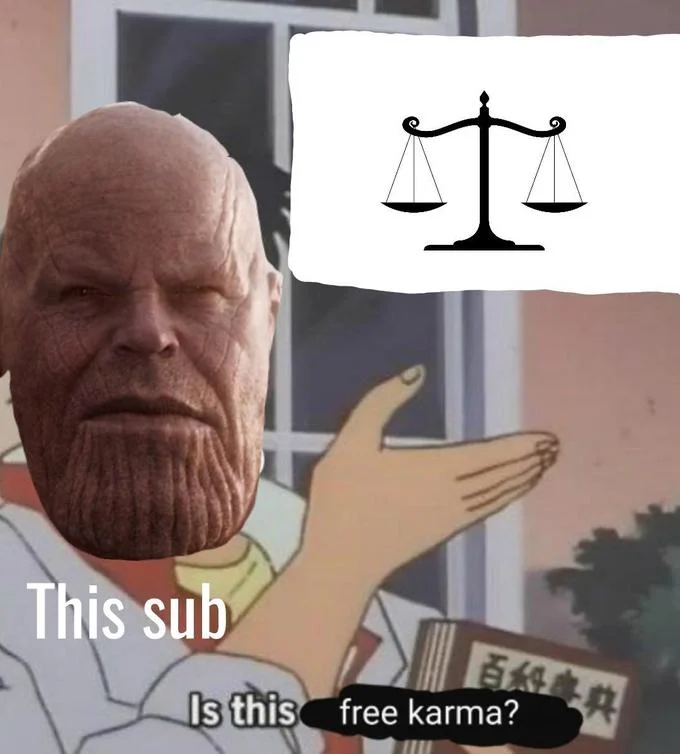 Thanos Perfectly Balanced — Crossover meme combining Thanos with 'Is This a Pigeon?' anime format pointing at balance scales.