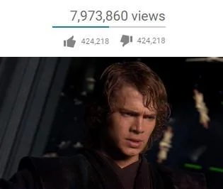 Thanos Perfectly Balanced — YouTube video screenshot showing 424,218 likes and 424,218 dislikes with equal ratio and Anakin Skywalker thumbnail.