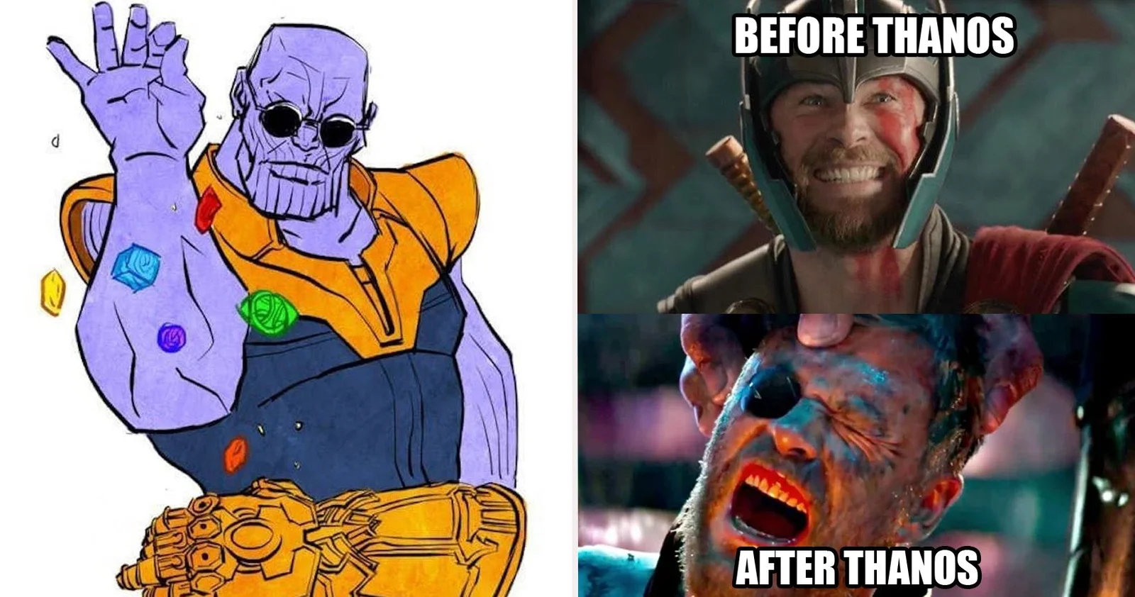 Thanos Snap — Split-screen before-and-after meme showing Thanos with Infinity Gauntlet and character reactions.