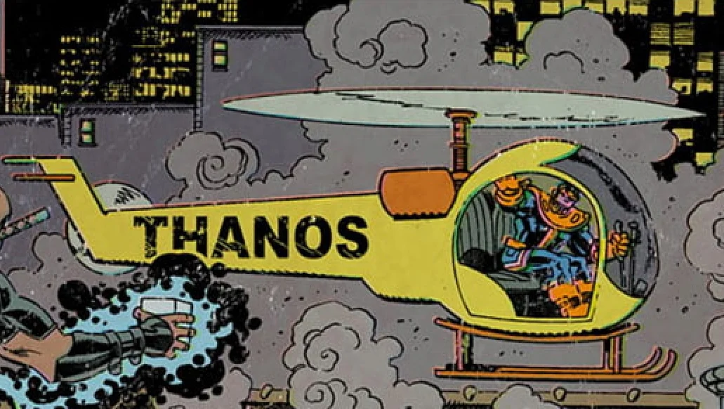 Comic panel of Thanos piloting a yellow helicopter with his name on it