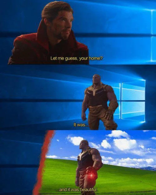 Thanos meme comparing Windows 10 and Windows XP wallpapers