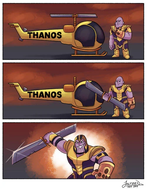 Thanoscopter — Three-panel fan art comic showing Thanos ripping rotor blade to sword.