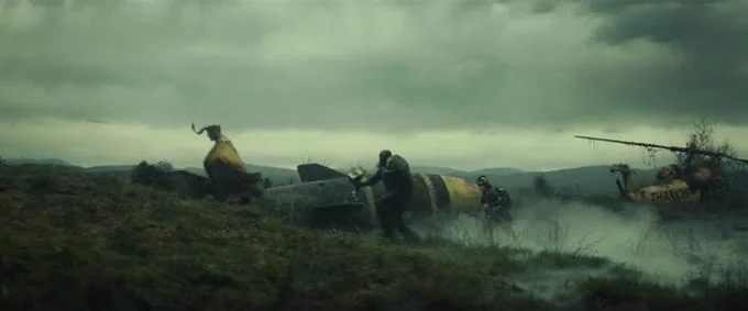 Thanoscopter — Dark cinematic screenshot showing misty hillside with helicopters.