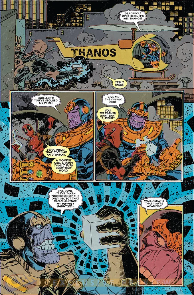 Modern Marvel comic page with Thanoscopter visible in Deadpool crossover story.