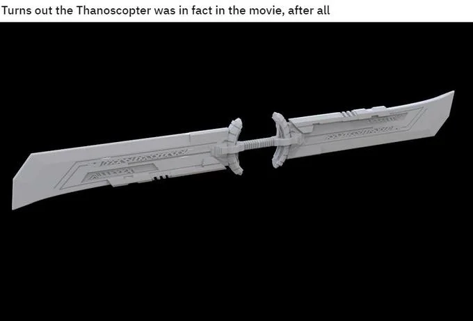 Thanoscopter — Screenshot joke meme about sword resembling helicopter rotor blade.