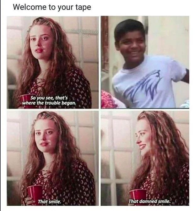 That Damn Smile meme paired with a grinning young boy in white t-shirt