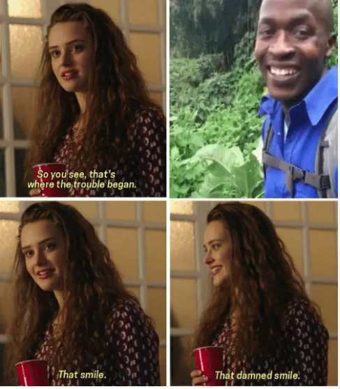 That Damn Smile meme with smiling hiker in blue jacket