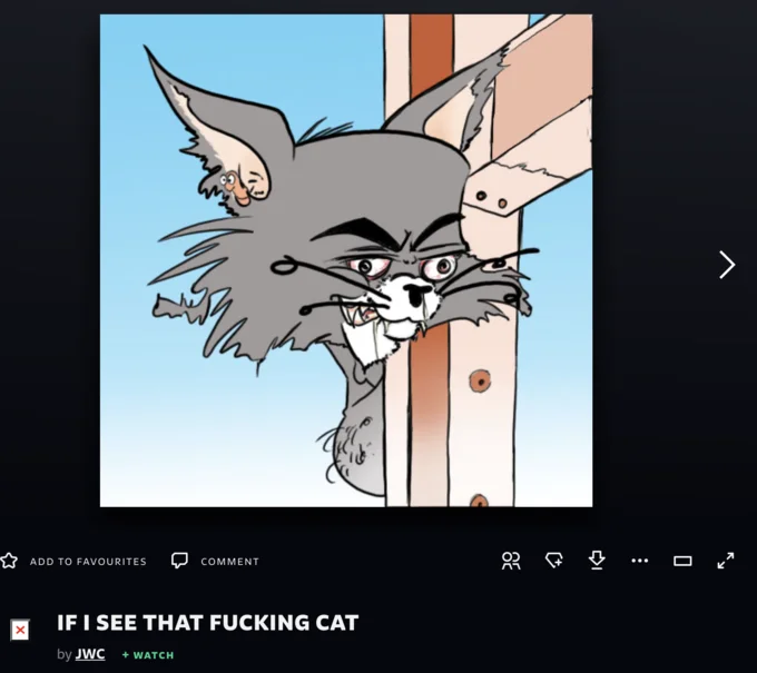 KYM entry titled 'If I See That Fucking Cat' showing a horror redraw of Tom with glowing eyes and a mouse on his ear