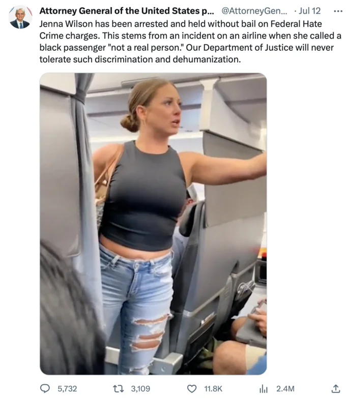 That Motherfucker Is Not Real Plane Woman Tiffany Gomas — Parody tweet from a fake Attorney General account claiming charges against the plane lady