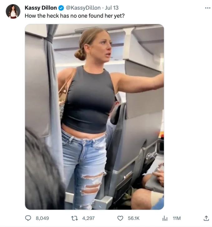 That Motherfucker Is Not Real Plane Woman Tiffany Gomas — Tweet by Kassy Dillon asking how the plane woman has not been identified yet