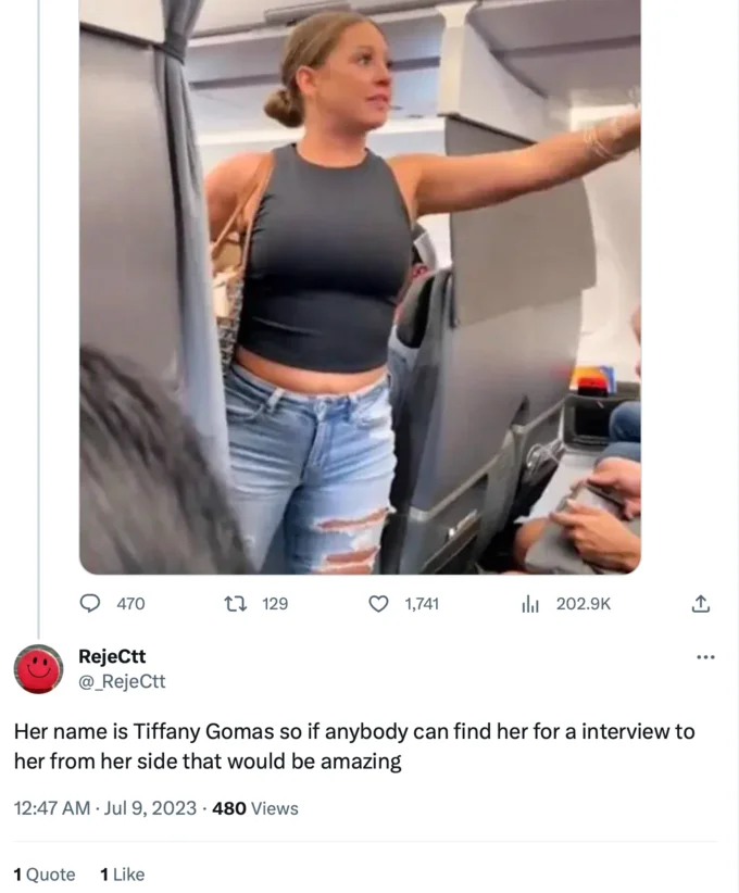 That Motherfucker Is Not Real Plane Woman Tiffany Gomas — Tweet identifying the plane woman as Tiffany Gomas with photo from the American Airlines incident