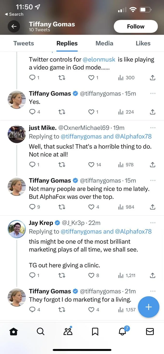 That Motherfucker Is Not Real Plane Woman Tiffany Gomas — Screenshot of Tiffany Gomas's Twitter replies after being identified as the plane lady