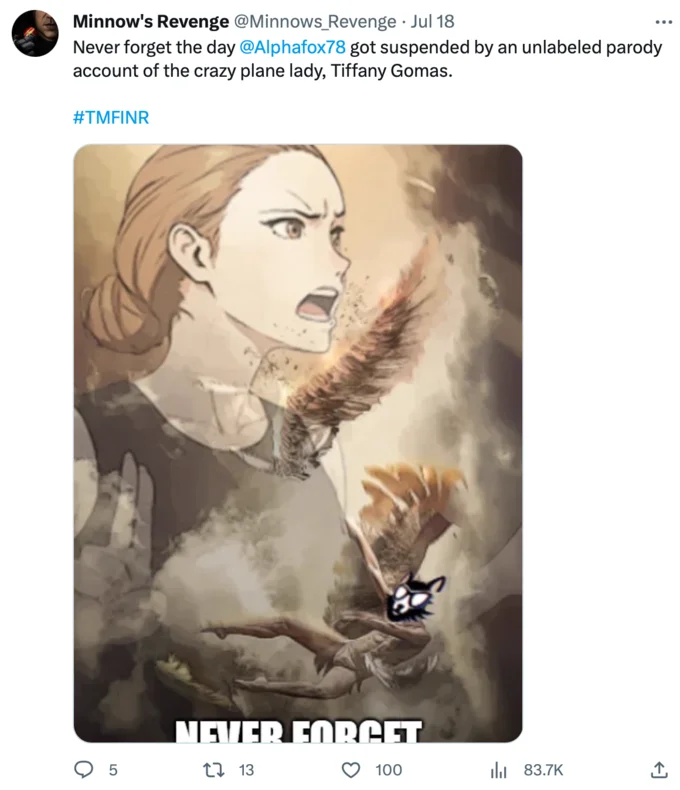 That Motherfucker Is Not Real Plane Woman Tiffany Gomas — Anime-style fan art of Tiffany Gomas as the crazy plane lady with TMFINR hashtag