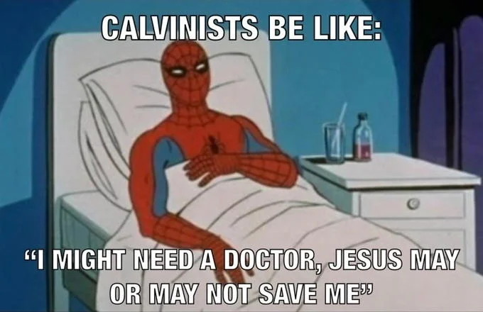 That Post Gave Me Cancer — Spider-Man in hospital bed with Calvinists Jesus joke caption