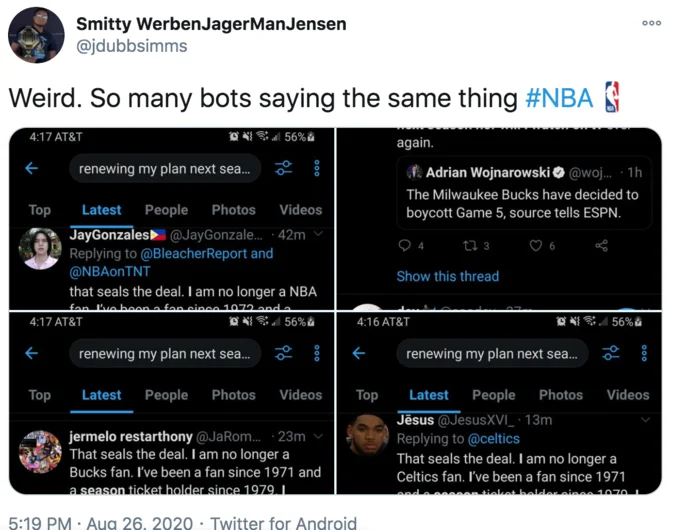That Seals The Deal. I Am No Longer A Fan — Tweet showing multiple identical copypasta posts about NBA teams boycott