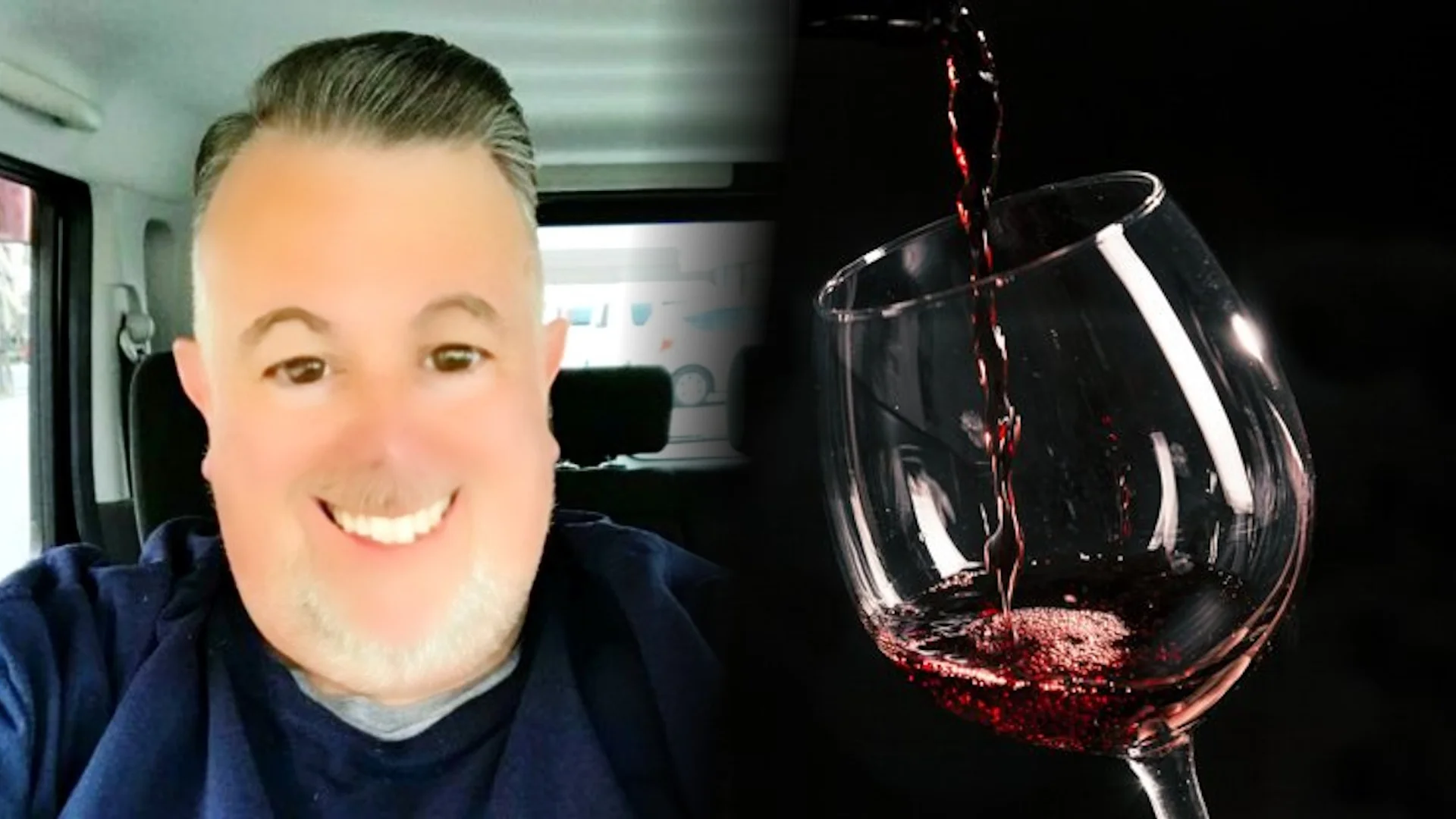 Split image of the That Wine Guy selfie beside a glass of red wine being poured