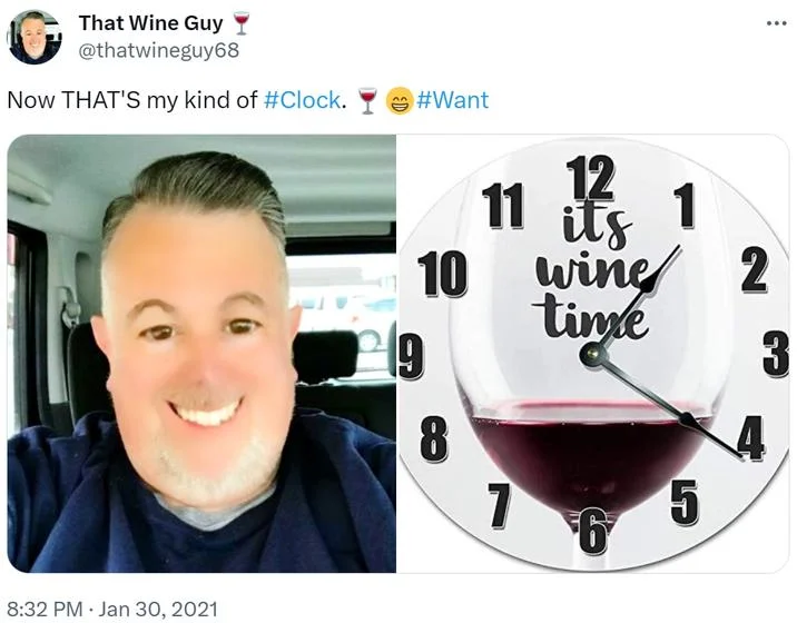 That Wine Guy tweet showing a wine-themed novelty clock