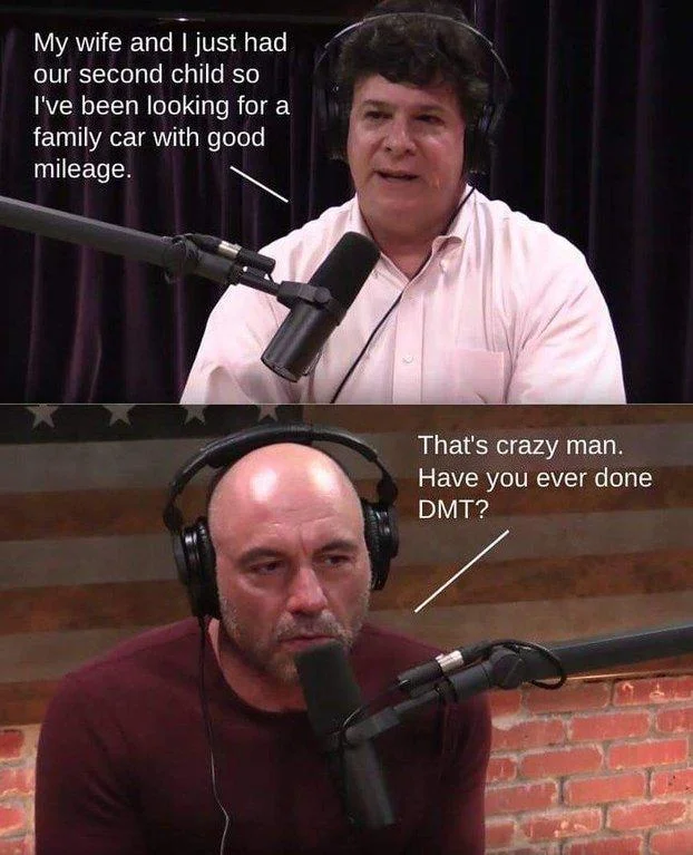 That's Crazy, Man. Have You Ever Done DMT? — Two-panel meme: Eric Weinstein talks about family car, Joe Rogan responds with DMT question