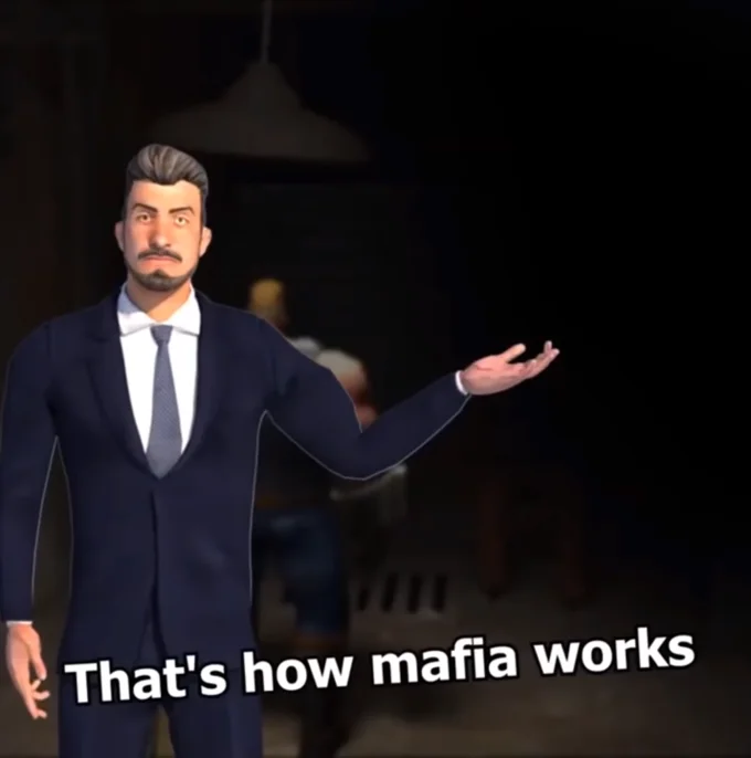 Thats How Mafia Works — Cropped screencap of animated suited man gesturing, captioned 'That's how mafia works'