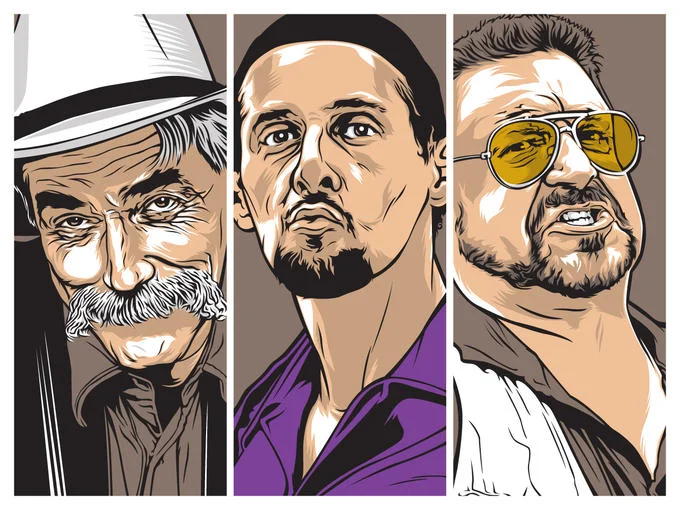 That's just like, your opinion, man — Illustrated triptych of The Stranger, Jesus Quintana, and Walter Sobchak from The Big Lebowski