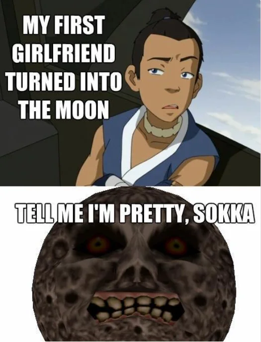 Thats Rough Buddy — Two-panel meme with Sokka's story and absurdist creepy reaction image.