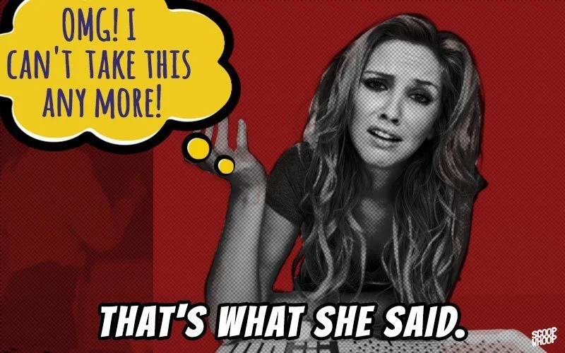 That's What She Said — Pop-art red background woman with thought 'I can't take this anymore.'