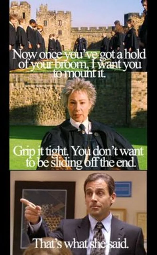 That's What She Said — Three-panel Harry Potter meme with grip instruction and Michael Scott response.