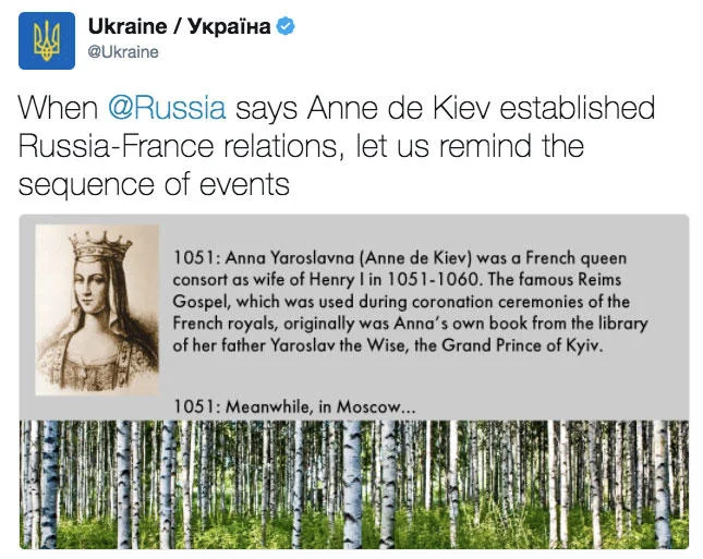 That's What We Wanted You To Think — Ukraine Twitter tweet comparing Kyiv's history with an empty Moscow forest in 1051