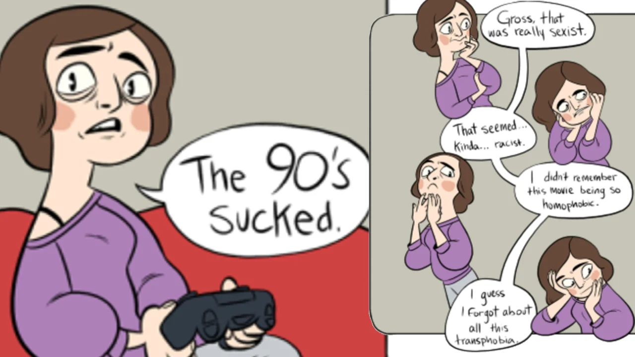 The 90s Sucked — Comic cover featuring brunette woman in purple shirt saying 'The 90's sucked' alongside panels about problematic childhood media