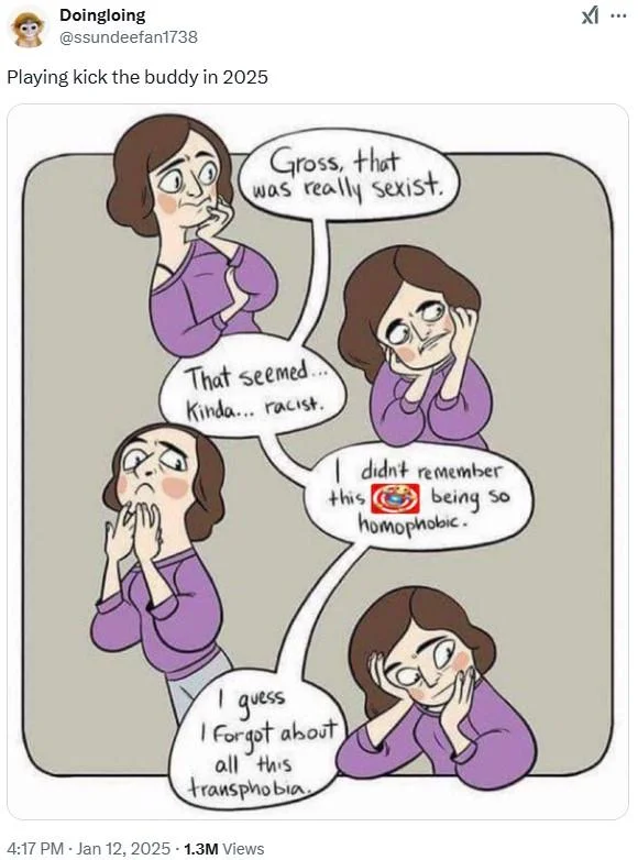 The 90s Sucked — Tweet about playing Kick the Buddy using edited Gross That Was Really Sexist comic with game logo