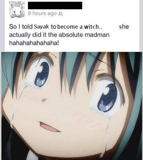 Anime parody of the absolute madman meme with Sayaka from Madoka Magica crying under matching caption