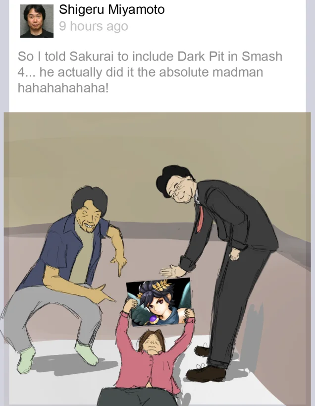 The Absolute Madman — Parody Facebook post from Shigeru Miyamoto about Sakurai including Dark Pit in Smash 4 with illustration of them posing like the original