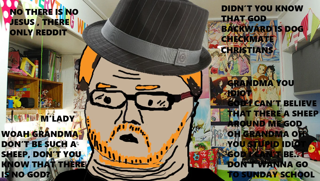 The Amazing Atheist — Soyjak fedora-wearing redditor drawing surrounded by anime posters and stereotypical atheist arguments.